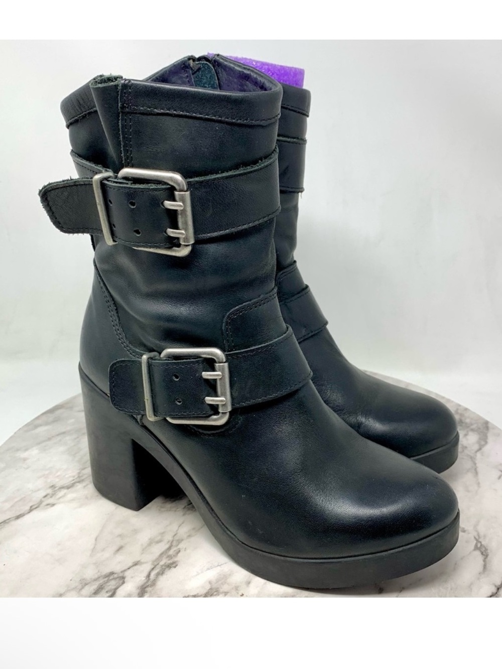 Steve Madden Coinon Black Leather Buckle Moto Boots 7 Whimsigoth Avant Garde